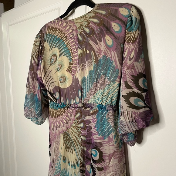 Y2K Tricia Fix 100% Silk Boho Peacock Dress - Picture 11 of 11